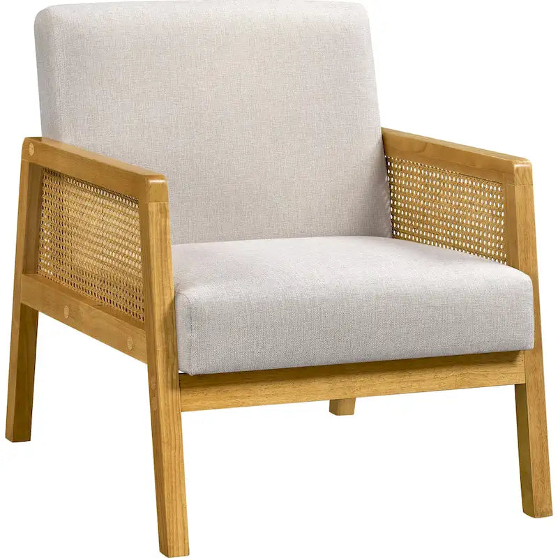 Fauteuil d'appoint moderne rembourré en tissu avec accoudoirs en rotin