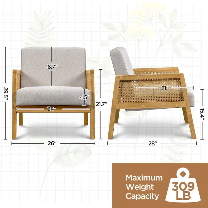 Fauteuil d'appoint moderne rembourré en tissu avec accoudoirs en rotin
