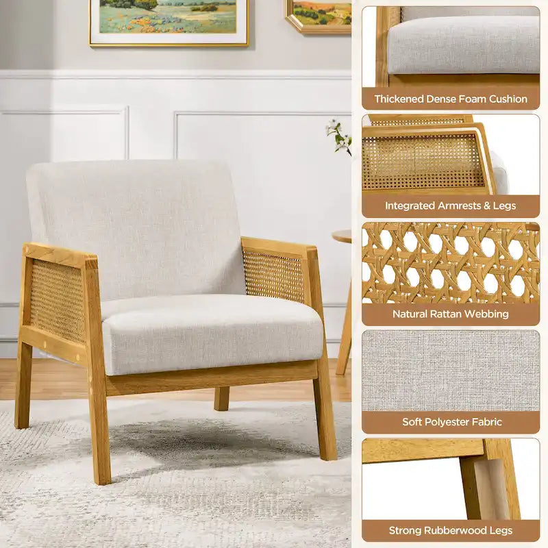 Fauteuil d'appoint moderne rembourré en tissu avec accoudoirs en rotin