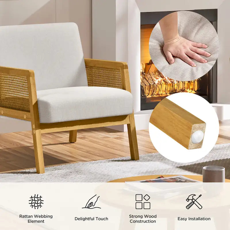 Fauteuil d'appoint moderne rembourré en tissu avec accoudoirs en rotin