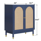 Meuble de rangement bleu avec portes en rotin et étagères réglables