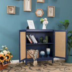 Meuble de rangement bleu avec portes en rotin et étagères réglables