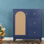 Meuble de rangement bleu avec portes en rotin et étagères réglables