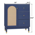 Meuble de rangement bleu avec portes en rotin et étagères réglables